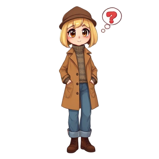 beautiful young woman with a short blonde bob hair. big brown eyes, a caramel raincoat, a oversized jeans and a sweater. she is using a bowler hat. she is thinking 🤔