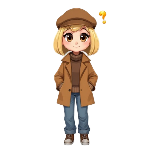 beautiful young woman with a short blonde bob hair. big brown eyes, a caramel raincoat, a oversized jeans and a sweater. she is using a bowler hat. she is thinking like the emoticon 🤔
