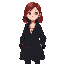 korean woman, pale face, shoulder length red hair, large black trench coat, white undershirt with red stain, full body