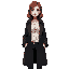 korean woman, pale face, shoulder length red hair, large black trench coat, white undershirt with red stain, full body