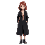korean woman, pale face, shoulder length red hair, large black trench coat, white undershirt with red stain, full body