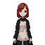 korean woman, pale face, shoulder length red hair, large black trench coat, white undershirt with red stain, full body