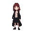 korean woman, pale face, shoulder length red hair, large black trench coat, white undershirt with red stain, full body
