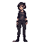 full body pixel art side view female, 33, athletic build. dark hair, focused expression. black leather jacket, t-shirt, cargo pants, combat boots. confident stance.