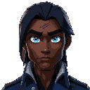 a dark skinned man with long black hair, glowing blue eyes, and a tattoo on his forehead, wearing a blue military coat with white lining