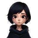 a light skinned girl with cropped black hair, wearing a black cloak, with mist swirling around her