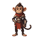young monkey warrior. he wears simple armor, silver-colored with brown straps and red cloths.