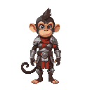 young monkey warrior. he wears simple armor, silver-colored with brown straps and red cloths.