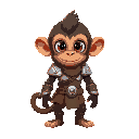 "young monkey warrior with large, expressive eyes. he wears simple armor with silver, brown, and red colors."
