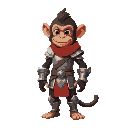 young monkey warrior. he wears simple armor, silver-colored with brown straps and red cloths.
