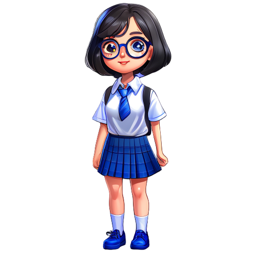 short hair thai school girl in schoocl unifoorm and blue skrit with round glasses fuul body with black shoe