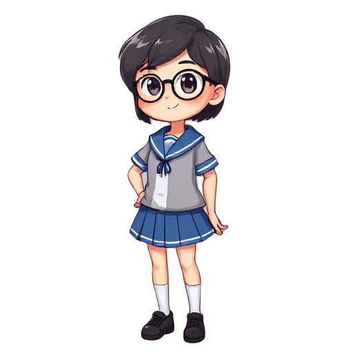 short hair thai school girl in schoocl unifoorm and blue skrit with round glasses fuul body with black shoe