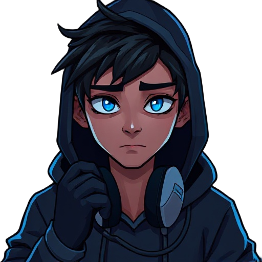 young hacker in dark hoodie, face hidden by shadows and monitor glow. messy dark hair, gloves, headphones on neck, cables around. blue-green light reflection, tired eyes, mysterious and gritty vibe. cinematic digital style, realistic-cartoon art, cyberpun