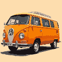 create a 2011 volkswagem kombi (vw van) of the model that has the radiator in the front, the kombi is half orange, seen from the side