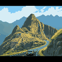 create a landscape artwork of machu picchu, peru. it has to have a road on the horizontal where i will put a car running from left to right,, in the 16:9 format.