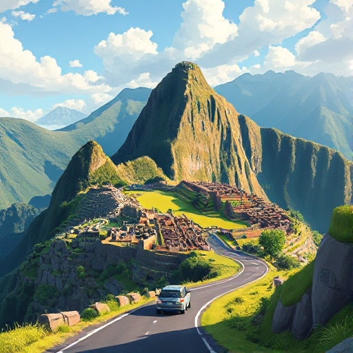 create a landscape artwork of machu picchu, peru. it has to have a road where i will put a car running, in the 16:9 format.