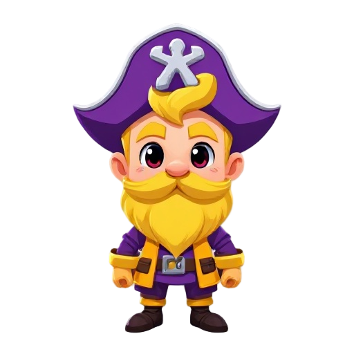 blond space pirate with beard in purple and yellow outfit
