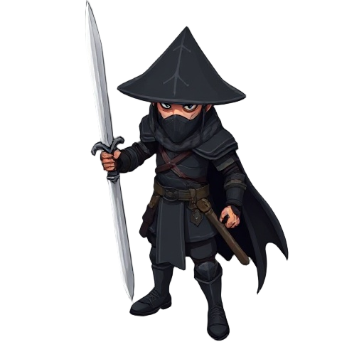 create a warrior character in a dark fantasy world. the character wields a long white sword and wears a black conical hat (non la). the primary color palette is black