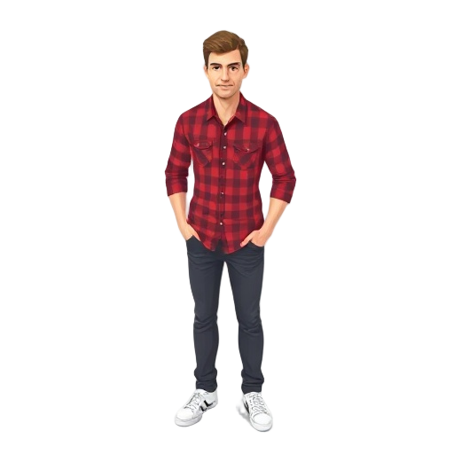 white man wearing red checked shirt and dark grey pants with white sneakers. in pixelated 