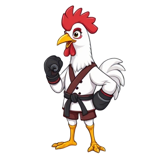 un gallo blanco con plumas cafes y cresta roja, usando guantes de boxeo y un traje de karateca