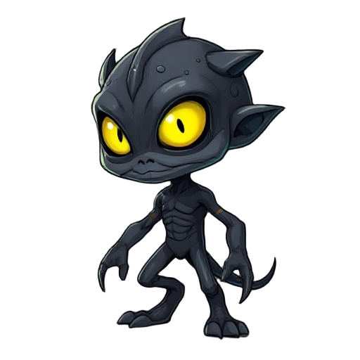 es un descendiente mutado de humanos que vive en un mundo subterráneo oscuro.tiene piel gris oscura con textura áspera, ojos grandes y brillantes con bioluminiscencia color cian, y rasgos ligeramente alargados y angulosos. su cuerpo es esbelto y ágil,musc