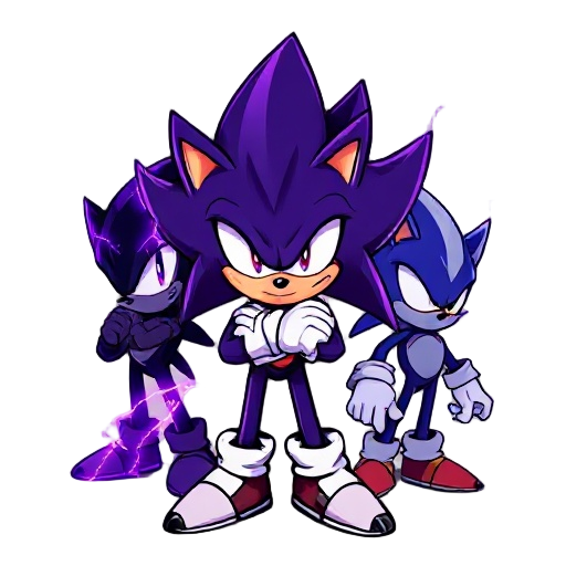 a powerful anthropomorphic hedgehog depicted in three chaotic forms. first, dark sonic — a shadowy spiky-haired silhouette radiating violent purple chaos aura, arms crossed in front of his face, surrounded by crackling purple lightning, exuding rage and o