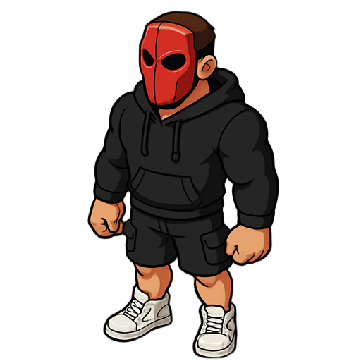 a muscular guy wearing a red metal mask with a black hoodie, black cargo shorts and white high top sneakers.