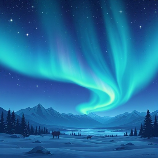 200x200 resolution aurora with stars over an alaskan landscape with animals sometimes coming in and out like deer, stars flickering slightly and the aurora slowly moving