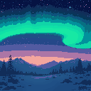 200x200 resolution aurora with stars over an alaskan landscape with animals sometimes coming in and out like deer, stars flickering slightly and the aurora slowly moving