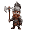 mercenary, wearing an open helmet, with a two headed axe on his back