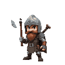mercenary, wearing an open helmet, with a two headed axe on his back