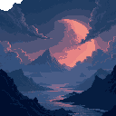 create a detailed side-scrolling scene set on a dark and beautiful unknown planet. the scene should include dark clouds, an inspiring atmosphere, and mountains. focus on conveying a mysterious yet cap