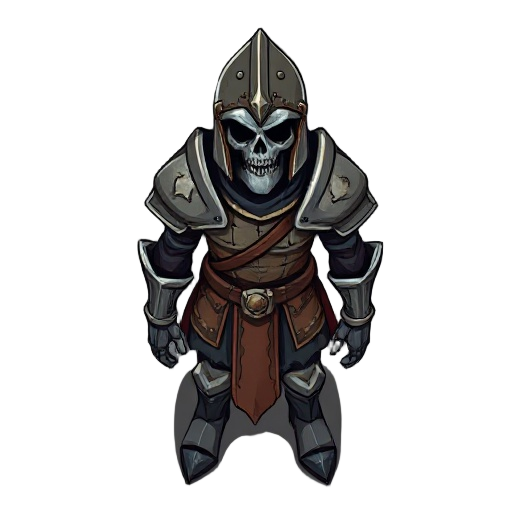 an undead knight fighting his way through purgatory. his armor is rusted and broken, he always wears an helmet.