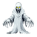 ghostly white wraith, with yellow eyes and menacing hands with dagger like fingers the wraith looks like it is in pain