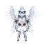 archangel michael with white knight armor and wings, his face is otherworldly, not a solid face but a "mist/fog" with glowing blue dots for eyes. he wears a knights helmet with an open front 