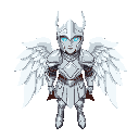 archangel michael with white knight armor and wings, his face is otherworldly, not a solid face but a "mist/fog" with glowing blue dots for eyes. he wears a knights helmet with an open front 