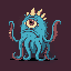 a dalí-style blue monstrosity with a single eye and tentacles raised up, in pop art colors