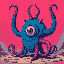 a dalí-style blue monstrosity with a single eye and tentacles raised up, in pop art colors