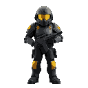 soldier wiht black and yellow armor wothout a gun