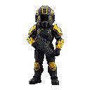 soldier wiht black and yellow armor without a gun