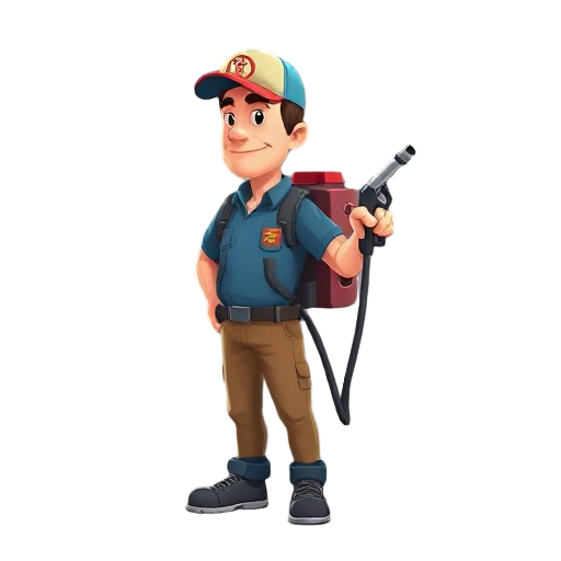 create a simple gas station attendant with his tank on his back and his fuel gun in his right hand, make him facing to the right but not too much