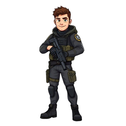 a man wearing tactical gear with a striking pose 
