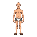 a bald good frame male wearing underwear and sandals with a neutral face