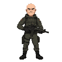 a bald good frame male wearing tactical uniform with tactical gear and holding a gun with a neutral face