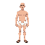 a bald good frame male wearing underwear and sandals with a neutral face