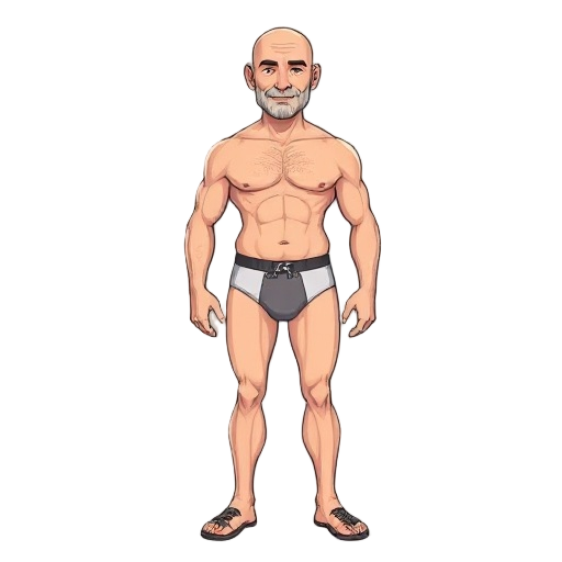 a bald man wearing underwear 