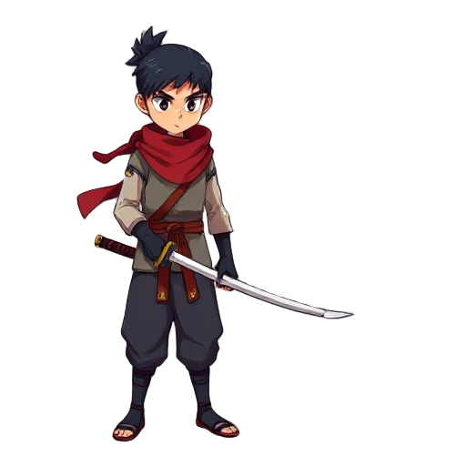 shinobi, male, one sword, red scarf.