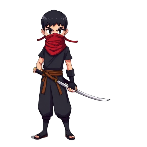 shinobi, male, one sword, red scarf cover mouth, black uniform.