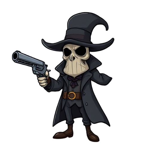 a plague doctor holding a revolver
