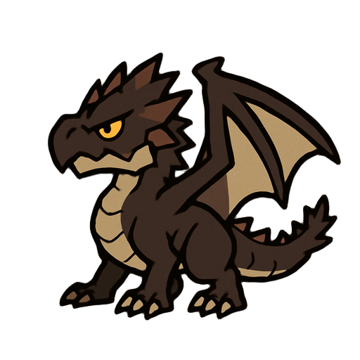 a black background with the letter "i" in it, featuring an icon of a dark brown dragon from the monster hunter world game, full body view, simple design, game asset style, vector art, 2d graphics.